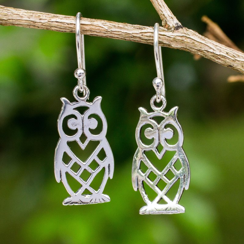 Animal Themed Openwork Sterling Silver Earrings, "Petite Owl"