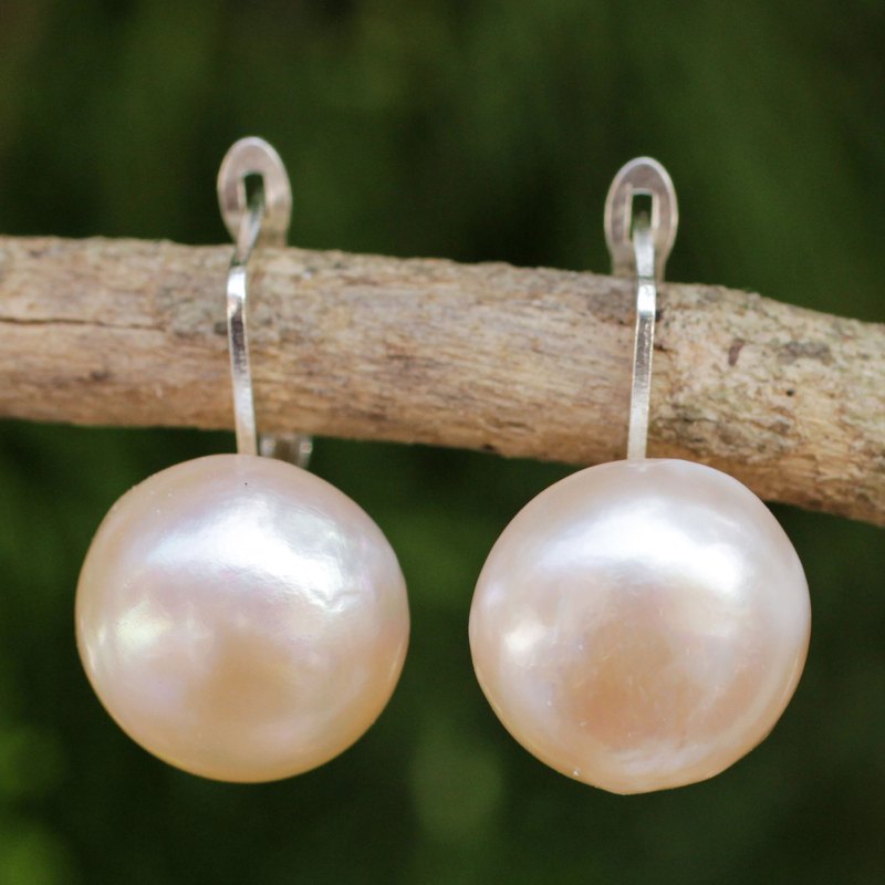 Peach-Hued Cultured Pearl and 925 Silver Drop Earrings, "Rosy Moon"