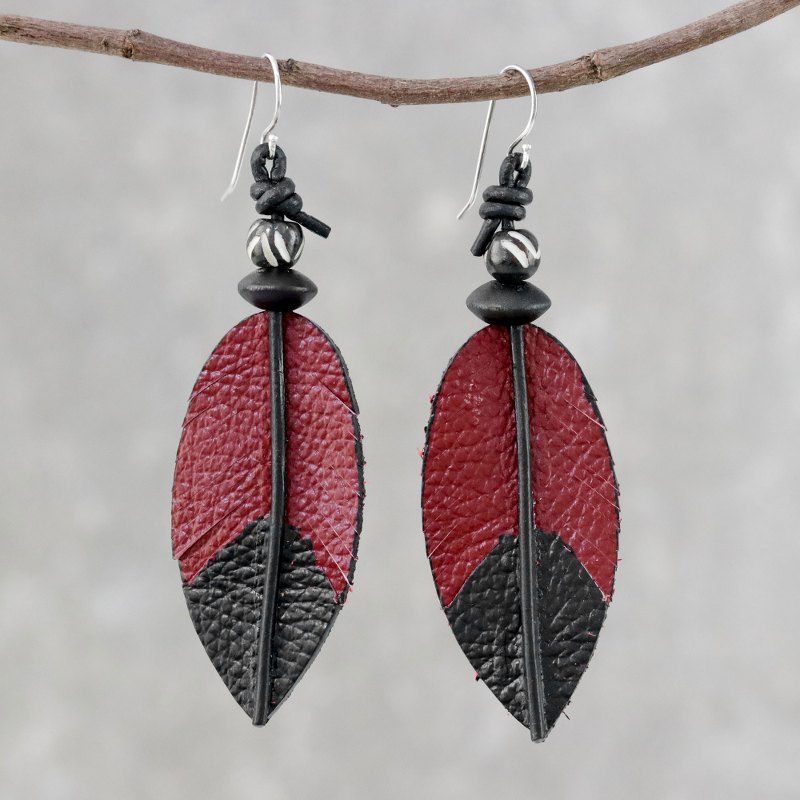 Leather and Bone Feather Earrings in Red from Thailand, "Red Feather"