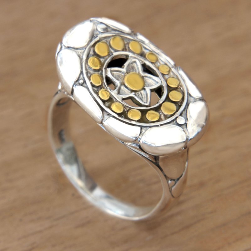 Modern Balinese Silver Star Motif Ring with 18k Gold Accents, "Starlight"