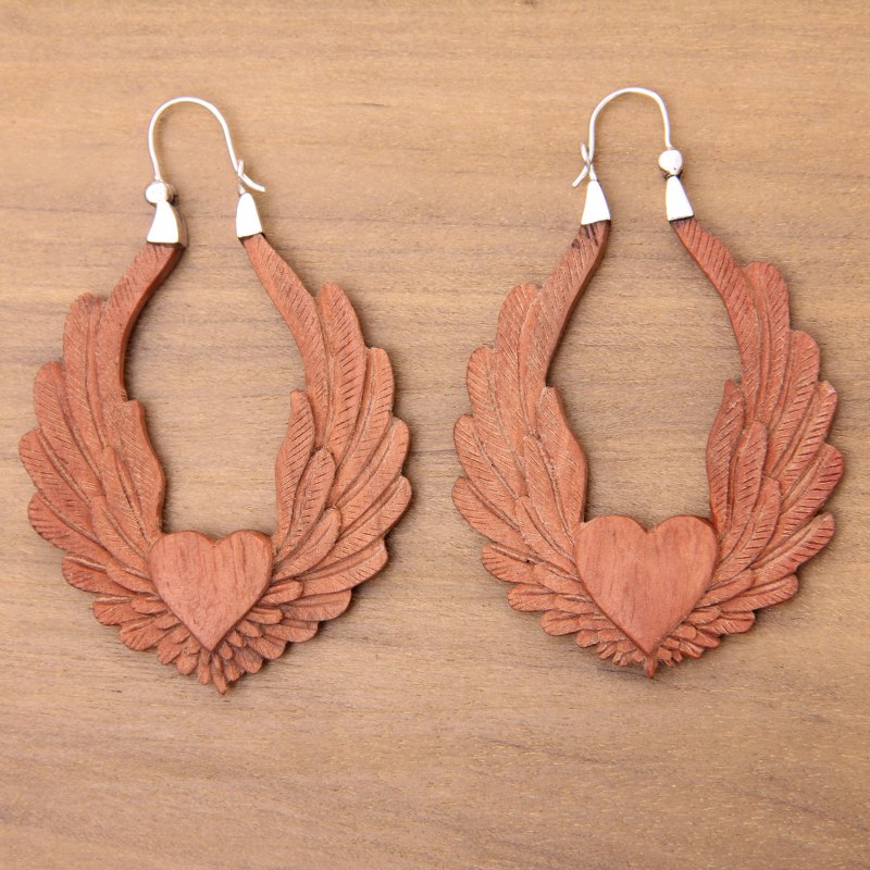 Artisan Crafted Balinese Wood and Silver Hoop Earrings, "Angel Heart"