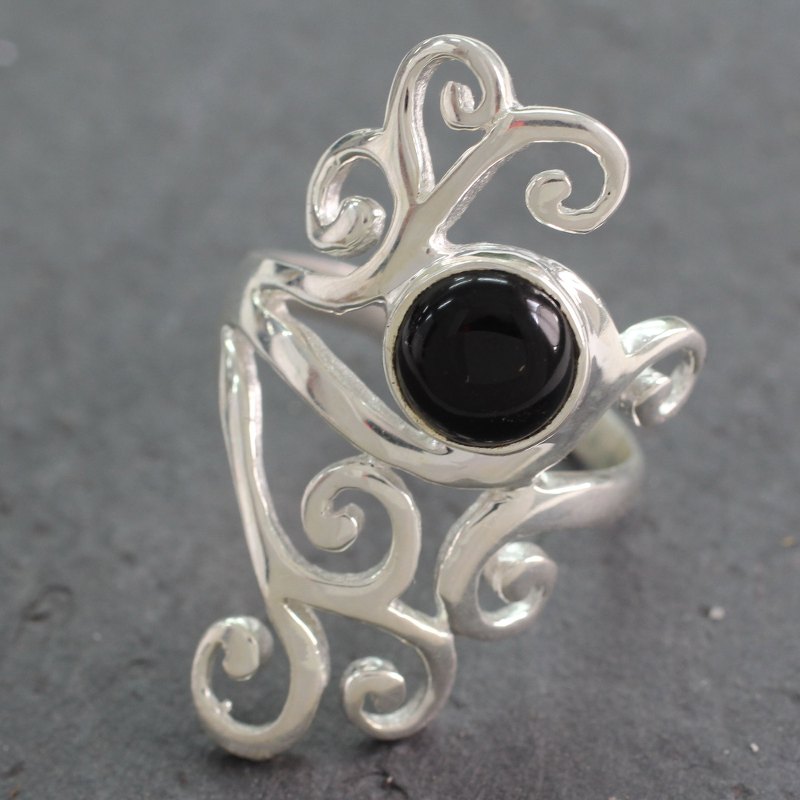 Sterling Silver Cocktail Ring with Black Onyx from India, "Black Jasmine"