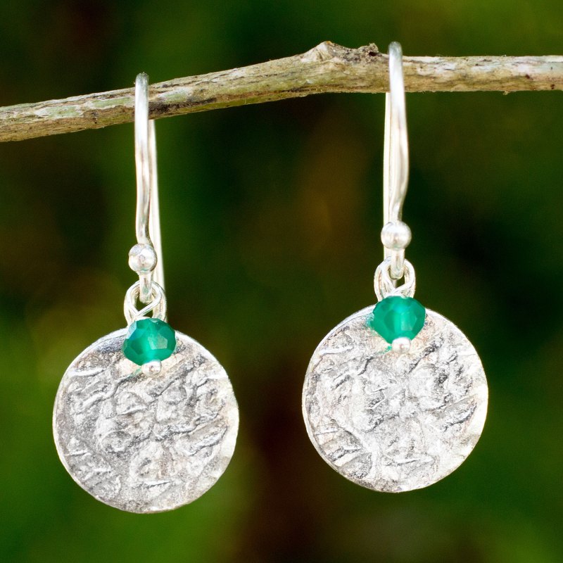 Sterling Silver Artisan Crafted Earrings with Green Onyx, "Green Harvest Moon"