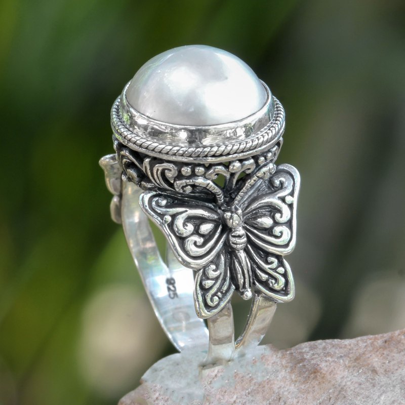 Mabe Pearl on Sterling Silver Ring with Butterflies, "Butterfly Moon"