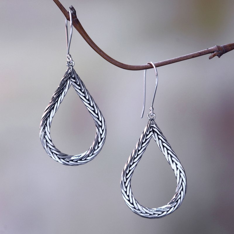 Modern Artisan Crafted Bali Sterling Silver Earrings, "Braided Teardrop"