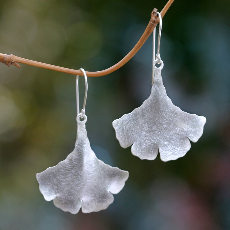 Leaf Shaped Sterling Silver Earrings Handmade in Bali, "Celery Leaves"