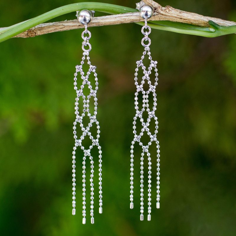 Waterfall Earrings Crafted from Sterling 925 Ball Chain, "Thai Macrame"