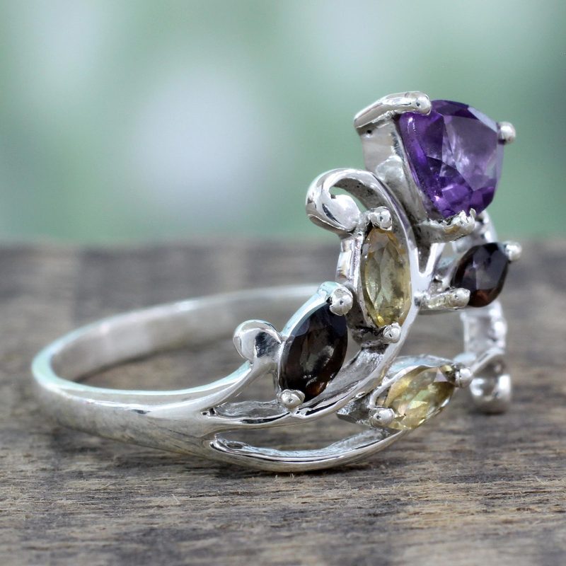 Indian Multigemstone Flower on Sterling Silver Ring, "Glorious Rosebud"