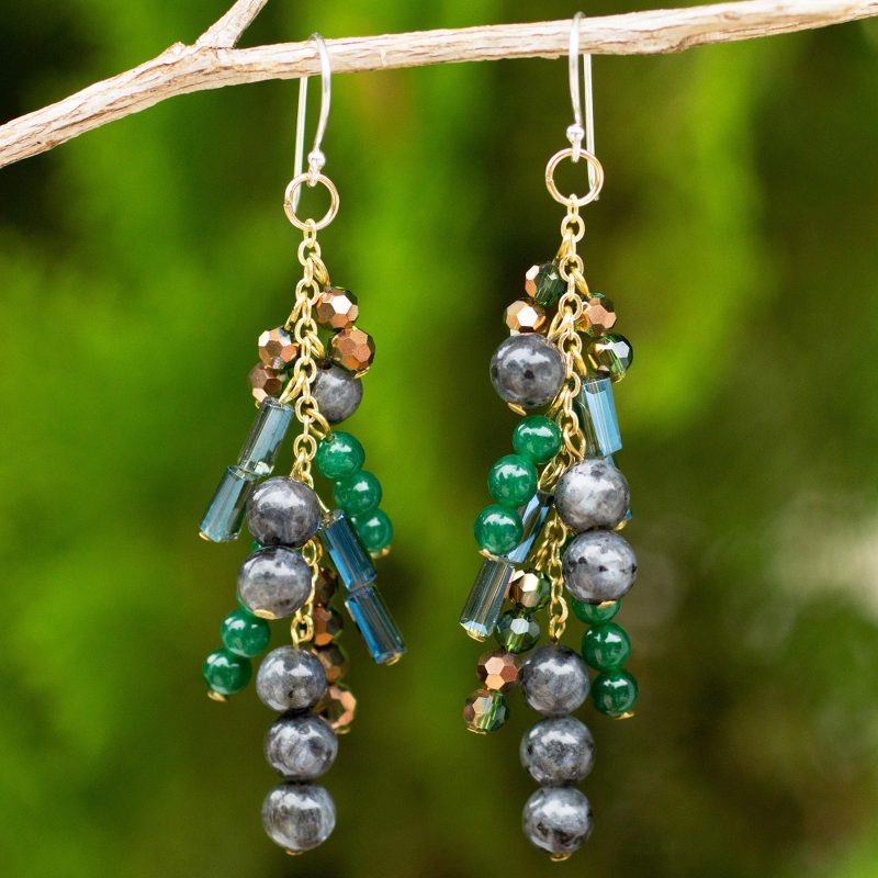 Waterfall Style Earrings with Labradorite and Quartz Beads, "Brilliant Cascade"