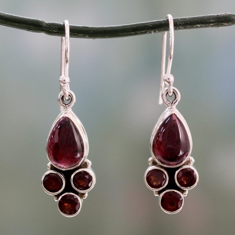 Indian Sterling Silver and Garnet Dangle Hook Earrings, "Scarlet Meadow"