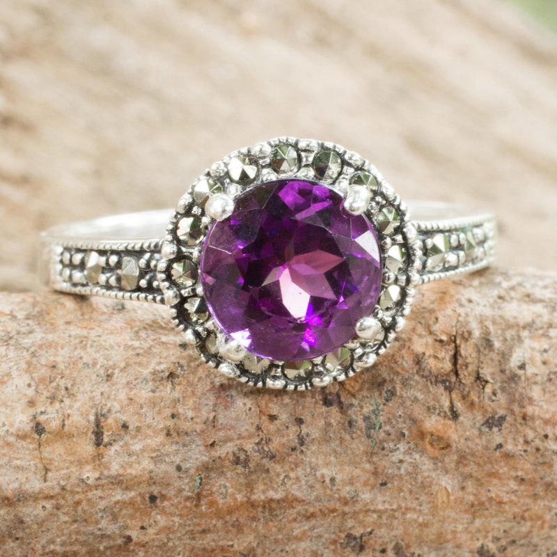 Amethyst and Marcasite Sterling Silver Ring Artisan Jewelry, "Contemporary Belle"