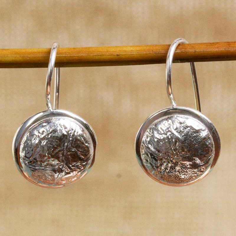 Abstract Crafted Taxco Sterling Silver Jewelry Earrings, "Crumpled Pendulums"
