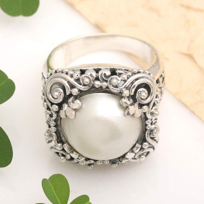 Modern Balinese Cultured Pearl Ring in Sterling Silver, "Spirit of the Moon"