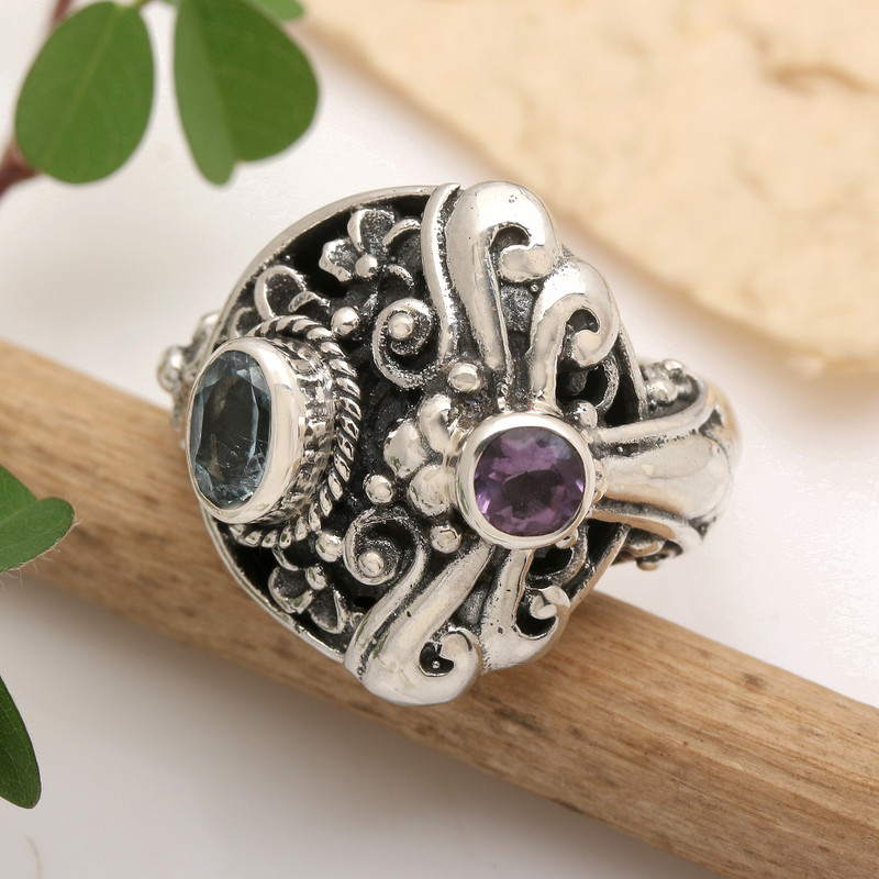 Amethyst & Blue Topaz Sterling Silver Dragonfly Floral Ring, "Seminyak Dragonfly"