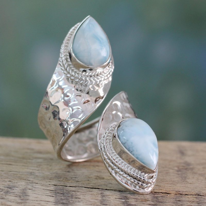 Wrap Style Ring in Sterling Silver with Larimar Gems, "Dreamy Duo"