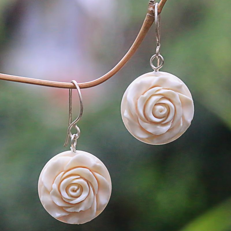 White Rose Dangle Earrings Hand Carved of Bone, "Glorious Rose"