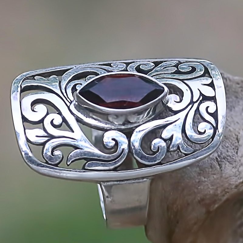 925 Leaves on Sterling Silver Cocktail Ring with Garnet, "Nature's Shield"