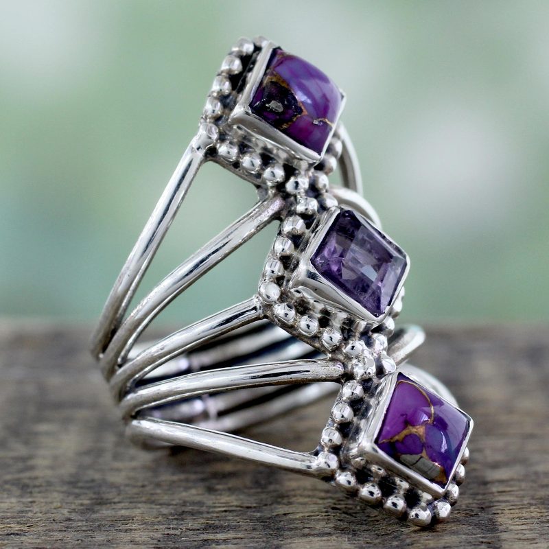 Amethyst and Reconstituted Turquoise Handmade Cocktail Ring, "Purple Allure"