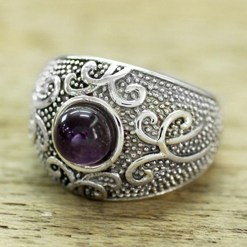 Women's Sterling Silver Domed Ring with a Cabochon Amethyst, "Violet Flourish"
