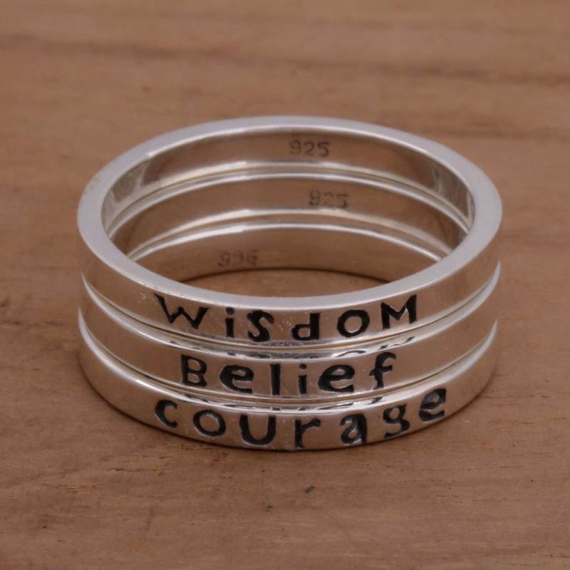 3 Inspirational Balinese Sterling Silver Stacking Rings, "Wisdom Belief Courage"