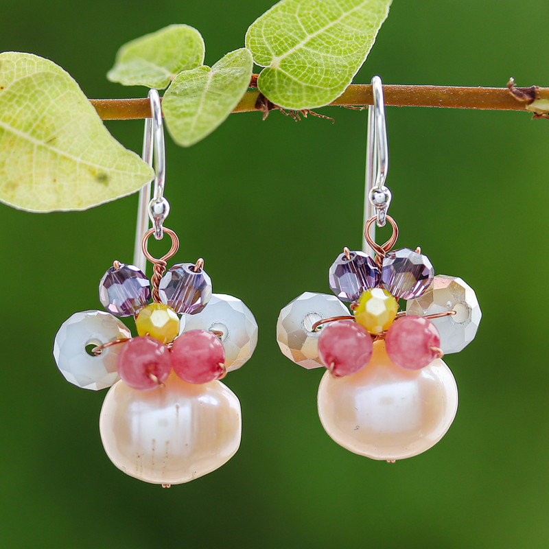 Pink Cultured Pearl Dangle Earrings with Butterfly Motif, "Butterfly Party in Pink"
