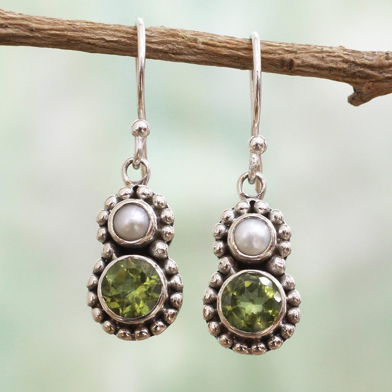 Petite Peridot and Cultured Pearl Silver Dangle Earrings, "Kolkata Sparkle"