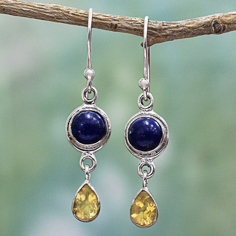 Lapis Lazuli and Citrine Sterling Silver Dangle Earrings, "Drops of Sun"