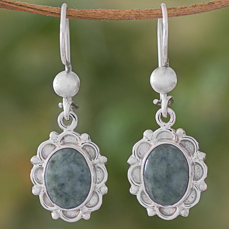 Jade Sterling Silver Oval Shape Dangle Earrings Guatemala, "Woodland Princess"