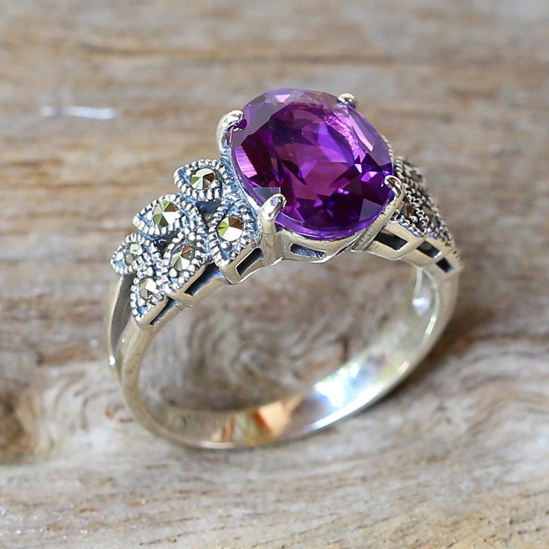 Amethyst and Marcasite Cocktail Ring from Thailand, "Purple Queen"