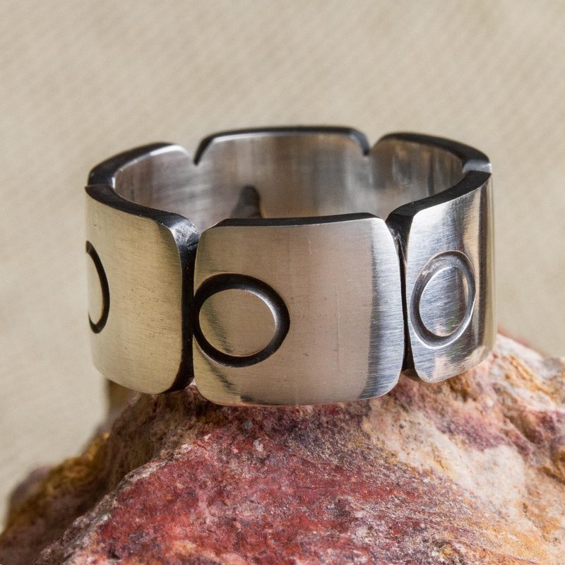 Sterling Silver Band Ring with Square Circle Motifs Mexico, "Aztec Squares"