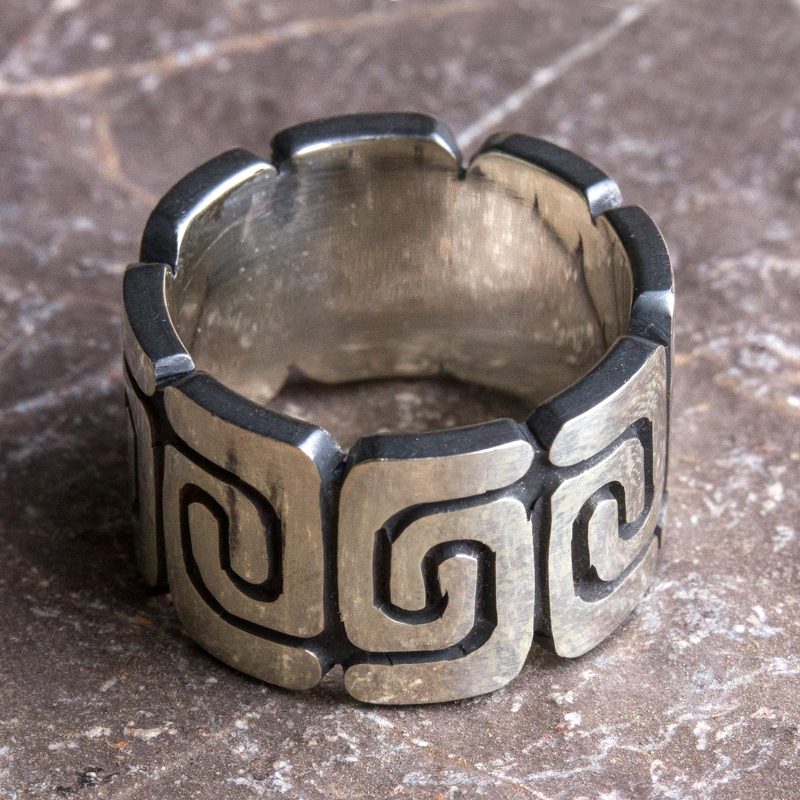 Sterling Silver Band Ring with Spiral Motifs Mexico, "Zapotec Spirals"