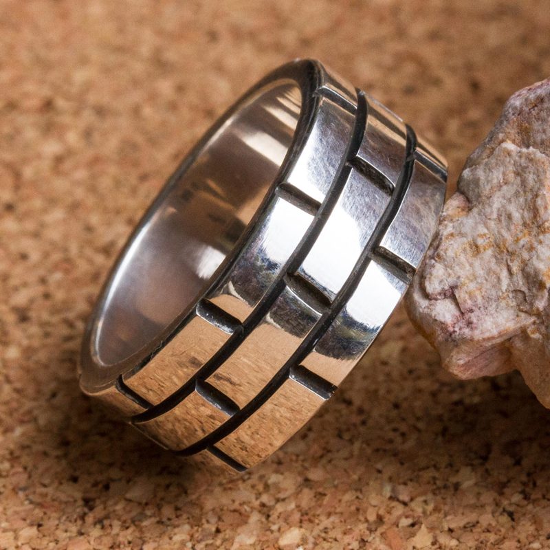 Sterling Silver Band Ring with Rectangle Motifs Mexico, "Fortress Wall"