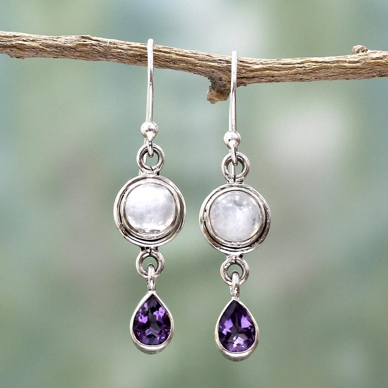 Amethyst Rainbow Moonstone Dangle Earrings from India, "Purple Droplets"