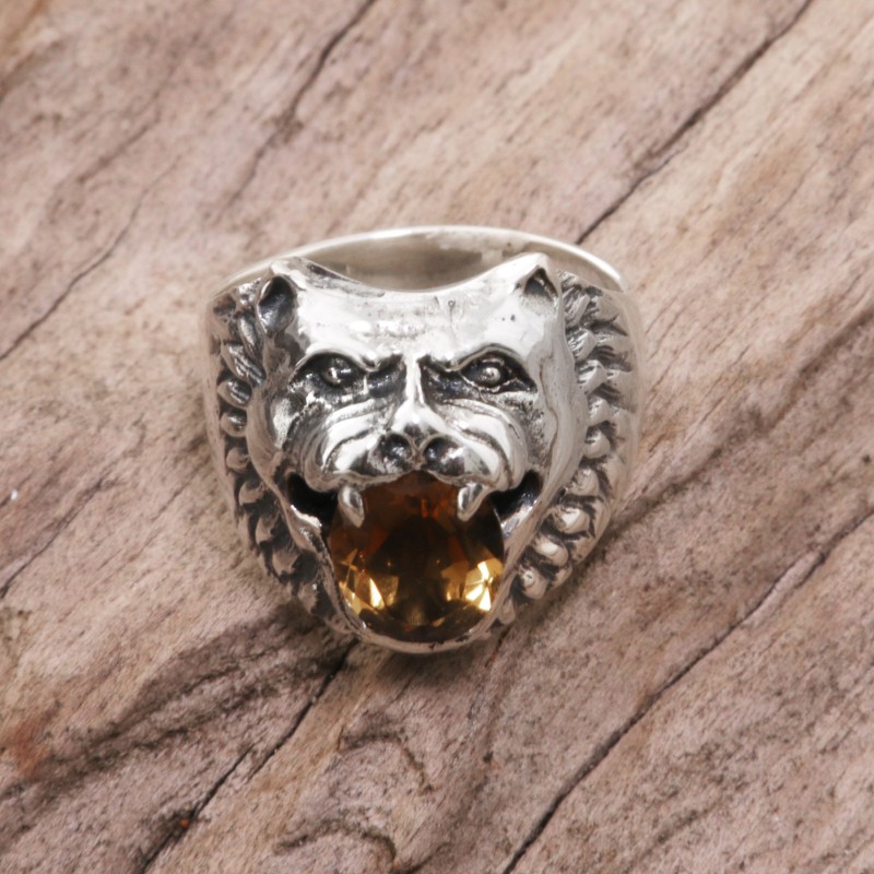 Sterling Silver Citrine Cocktail Ring Wolf Face Indonesia, "Fierce Wolf"