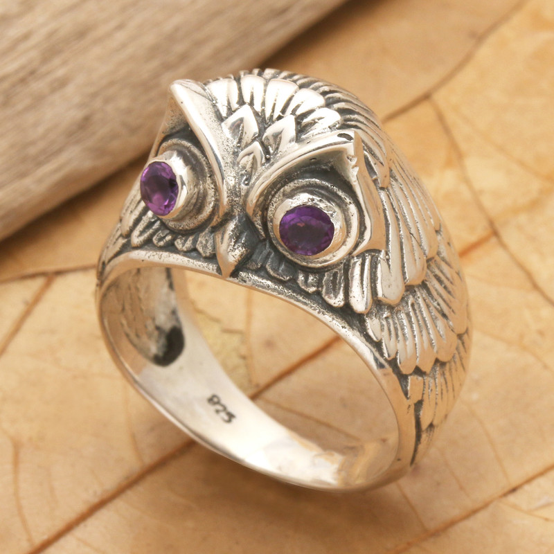 Sterling Silver Amethyst Owl Domed Ring from Indonesia, "Night Watcher in Purple"
