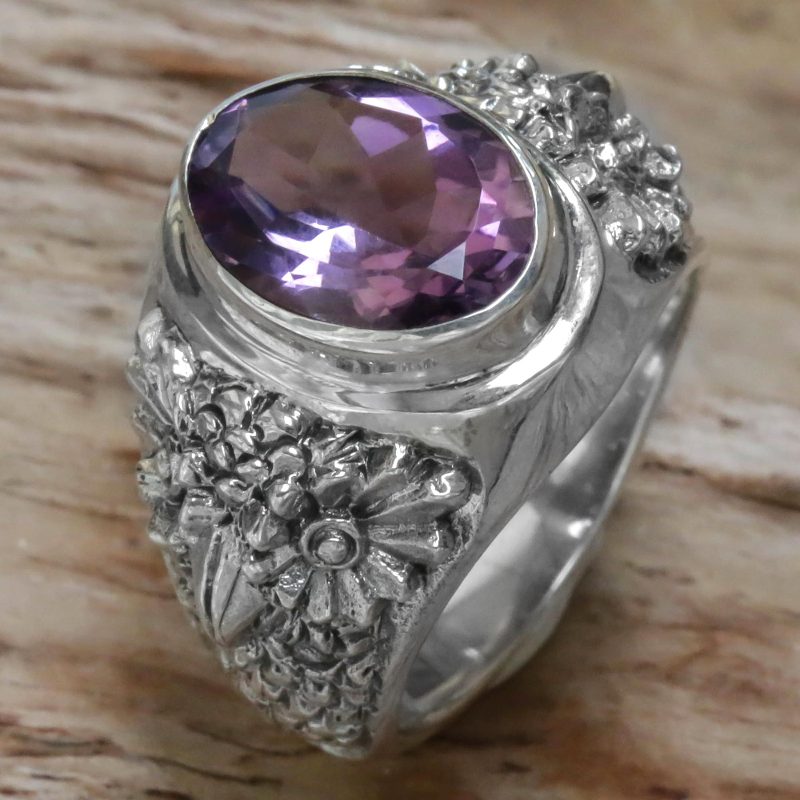Sterling Silver Amethyst Single Stone Ring from Indonesia, "Worried Owl"