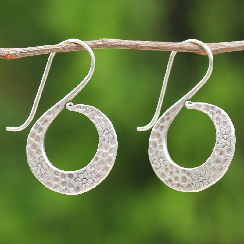 Women's Silver Floral Drop Earrings from Thailand, "Floral Swan"