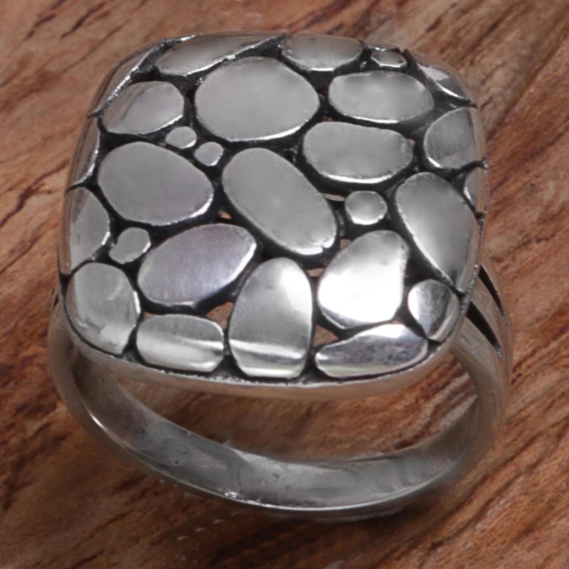 Sterling Silver Cocktail Ring Pebble Motifs Indonesia, "Kapua Stones"