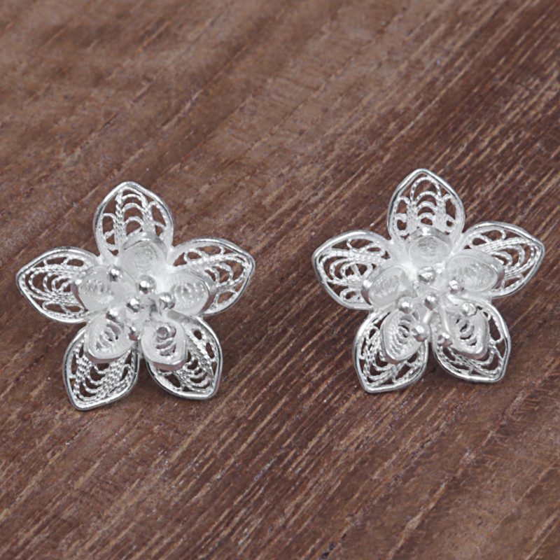 Sterling Silver Floral Filigree Button Earrings Indonesia, "Enticing Blossoms"