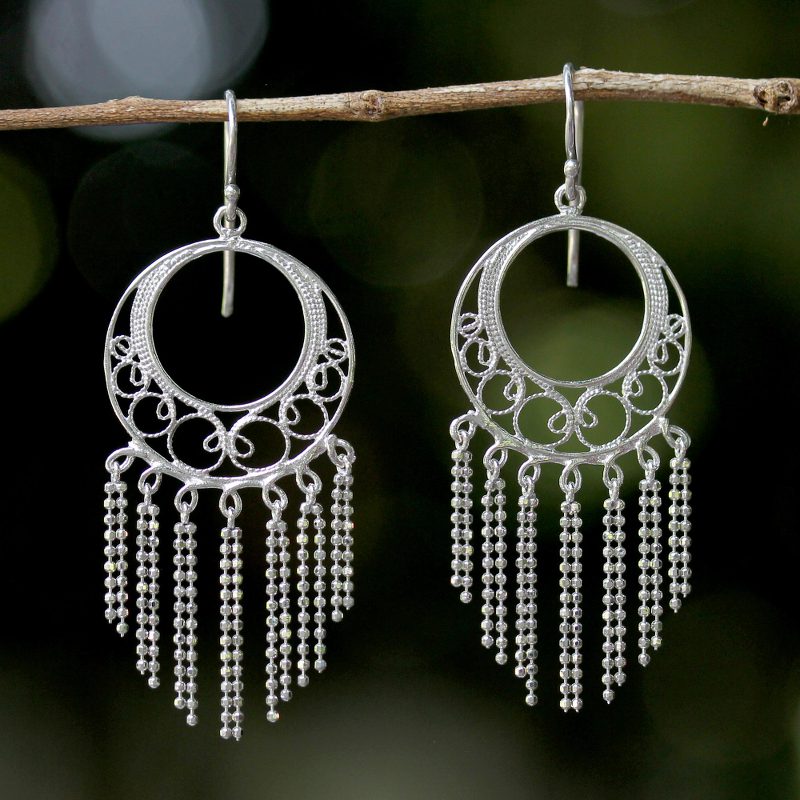 Sterling Silver Chandelier Earrings from Thailand, "Raining Romance"