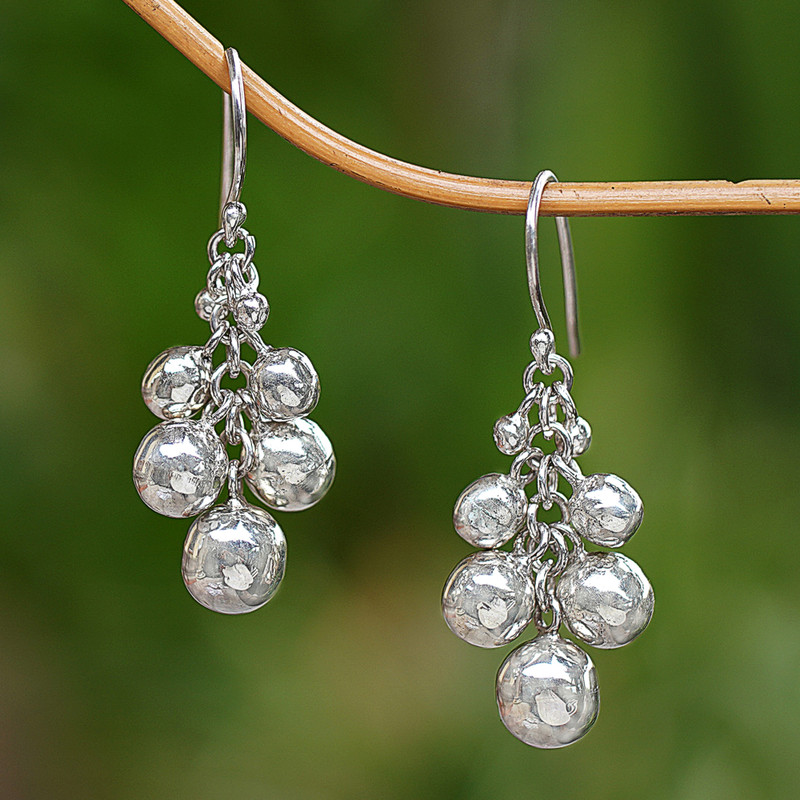 Sterling Silver Cluster Earrings from Indonesia, "Silver Grapes"