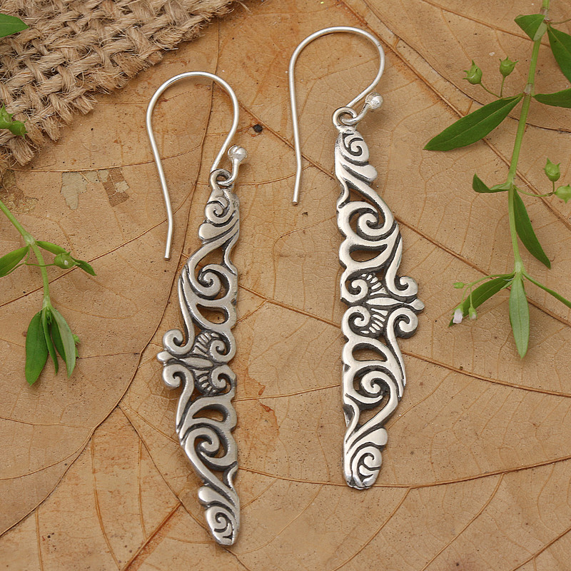 Hand-Crafted Sterling Silver Dangle Earrings from Bali, "Floral Tie"