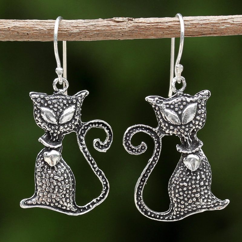 Sterling Silver Cat Dangle Earrings from Thailand, "Witch's Cat"