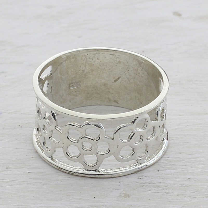 Sterling Silver Floral Band Ring from India, "Band of Flowers"