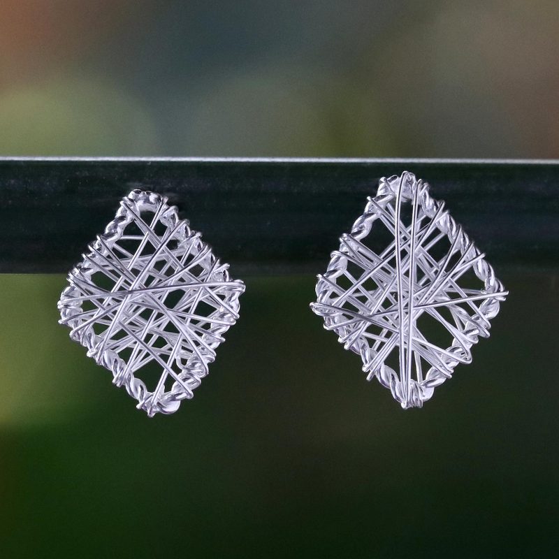Wrapped Sterling Silver Stud Earrings Crafted in Thailand, "Rhombus Wrap"