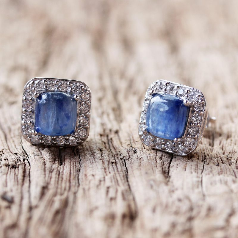 Rhodium Plated Kyanite and Cubic Zirconia Stud Earrings, "Blue Squares"