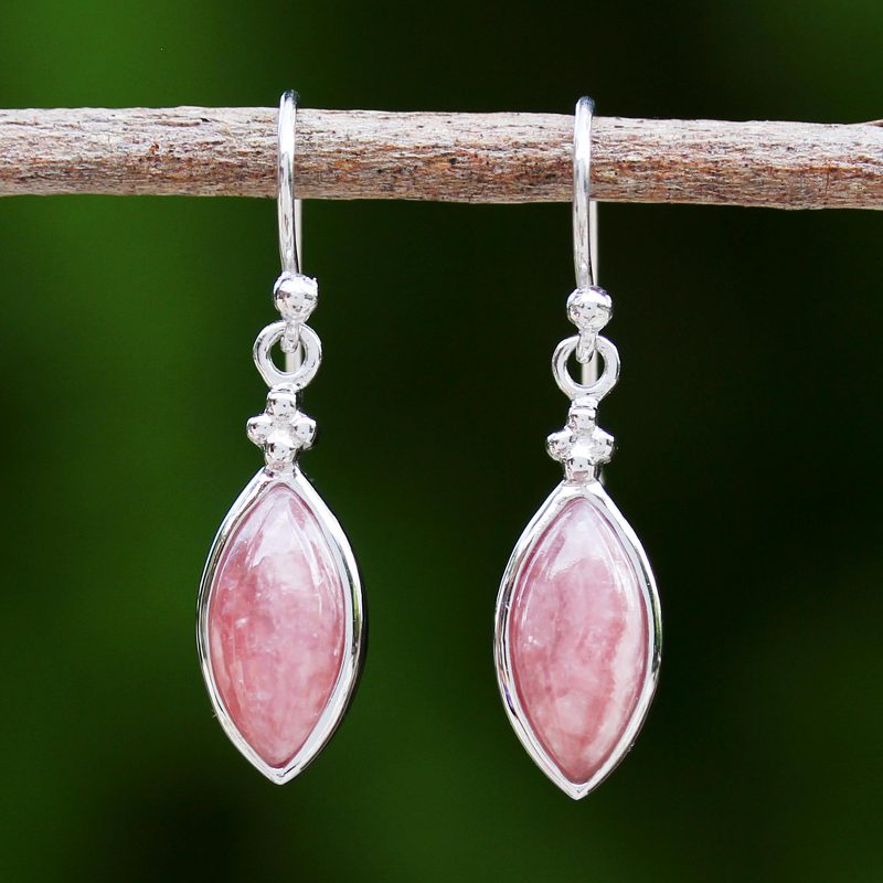 Rhodium Plated Rhodochrosite Dangle Earrings from Thailand, "Knowing Eyes"