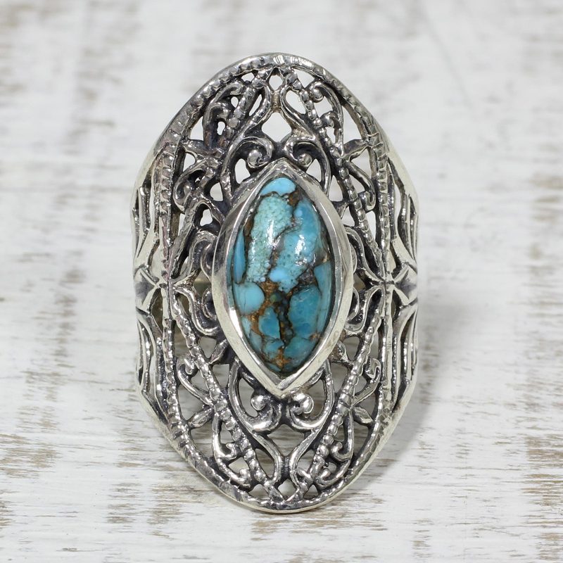 Sterling Silver and Composite Turquoise Indian Cocktail Ring, "Jali Eye"