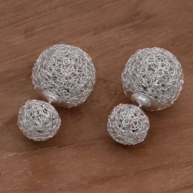 925 Sterling Silver Reversible Button Earrings from Bali, "Thread Nests"