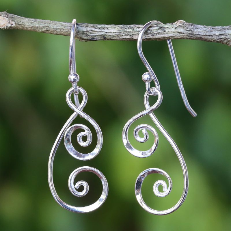 925 Sterling Silver Artisan Crafted Thai Art Dangle Earrings, "Lanna Spirals"